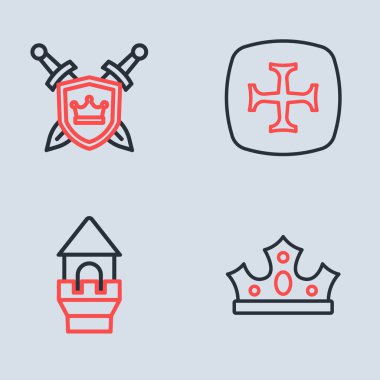 Haçlı Seferi, Kale Kulesi, Kral Taç ve Kılıç ikonlu Kalkan. Vektör