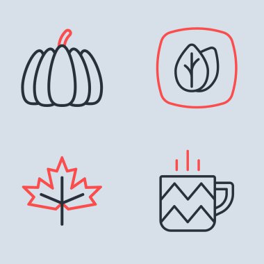 Set hattı, Kanada akçaağaç yaprağı, bir fincan çay ve balkabağı ikonu. Vektör