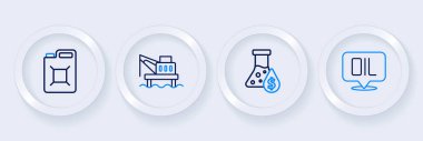 Sözcük yağı, petrol test tüpü, denizdeki platform ve bidon benzin ikonu. Vektör