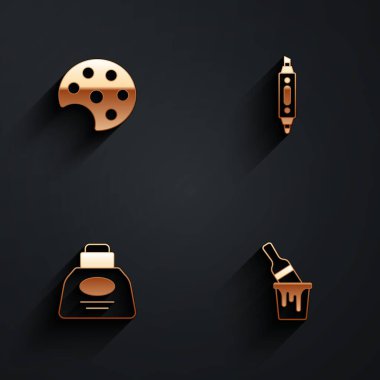 Palette, kalem, mürekkep hokkası ve boya kovasını uzun gölgeli fırça simgesiyle ayarla. Vektör