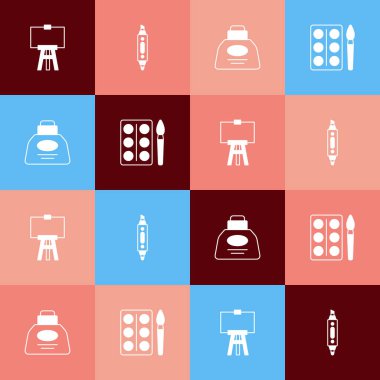 Pop Art Wood sehpası, İşaretleyici kalem, mürekkep hokkası ve suluboya resimlerini kutu simgesine yerleştir. Vektör