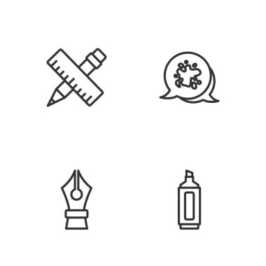 Çizgi İşaretleyici kalem, Çeşme ucu çapraz cetvel, kalem ve boya spreyi ikonu. Vektör