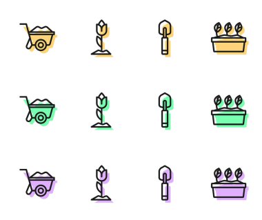 Bahçe küreği ya da küreği, el arabası, çiçek lalesi ve saksı ikonunda bitki. Vektör