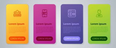 Online poker masası oyunu, kumarhane satıcısı, tabela ve spor bahisleri. Ticari bilgi şablonu. Vektör