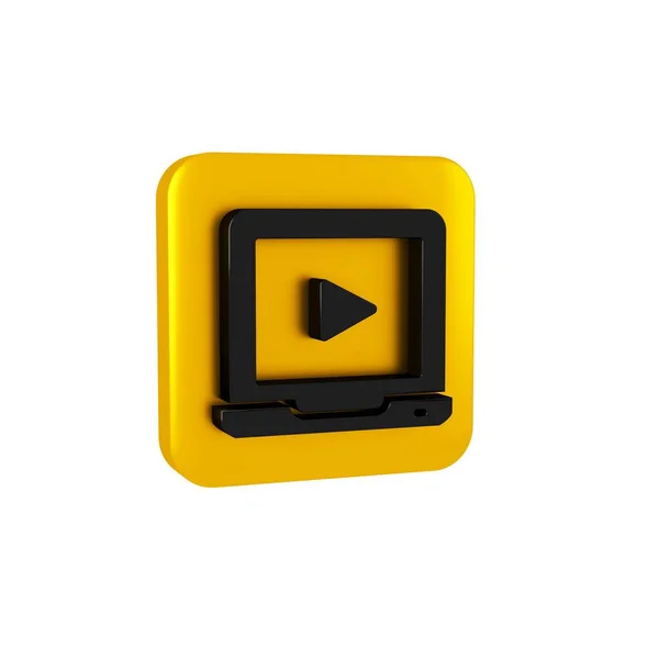 Black Online play video icon isolated on transparent background. Laptop and film strip with play sign. Yellow square button..