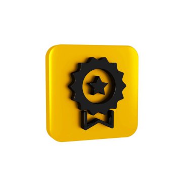 Şeffaf arkaplanda yıldız simgesine sahip Kara Madalya. Kazanan başarı işareti. Ödül madalyası. Sarı kare düğmesi..