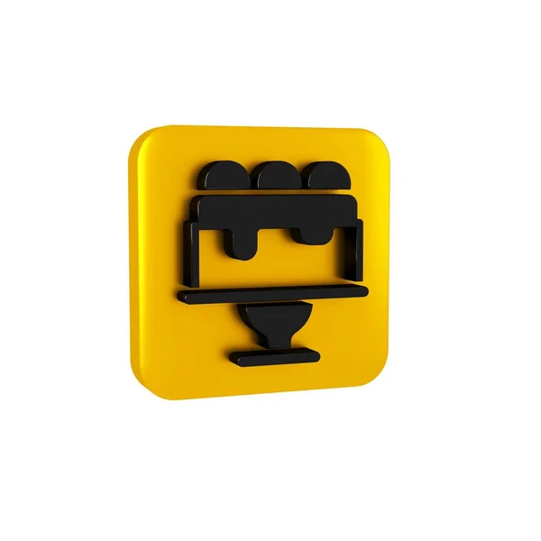 Black Cake icon isolated on transparent background. Happy Birthday. Yellow square button..