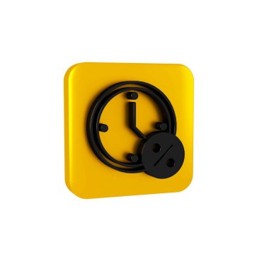 Siyah Saat ve yüzde indirim simgesi şeffaf arkaplanda izole edildi. Sarı kare düğmesi..