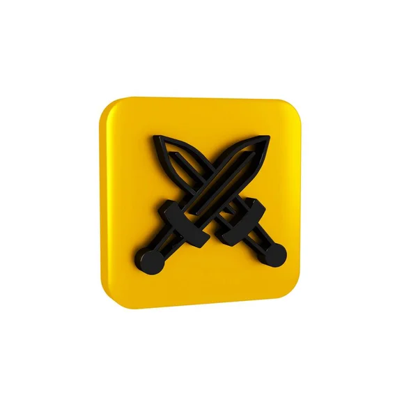 Black Crossed medieval sword icon isolated on transparent background. Medieval weapon. Yellow square button..