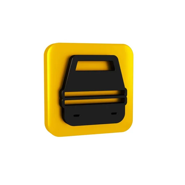 Black Lunch box icon isolated on transparent background. Yellow square button..