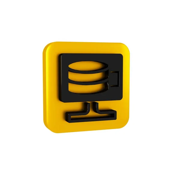 Black Cloud database icon isolated on transparent background. Cloud computing concept. Digital service or app with data transferring. Yellow square button..