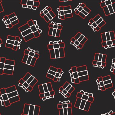 Satır Hediye kutusu simgesi siyah arkaplanda izole edilmiş kusursuz desen. 8 Mart. Uluslararası Mutlu Kadınlar Günü. Vektör