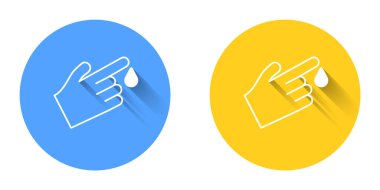 Kan damlası ikonlu beyaz el parmağı uzun gölgeli arka planda izole edilmiş. Diyabet, kan şekeri. Çember düğmesi. Vektör