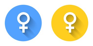 Beyaz kadın cinsiyet sembolü uzun gölgeli bir sembol. Venüs sembolü. Bir kadın ya da organizmanın sembolü. Çember düğmesi. Vektör