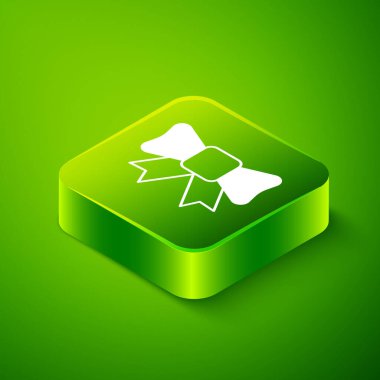 Yeşil arka planda Isometric Gift yay simgesi izole edildi. Yeşil kare düğmesi. Vektör