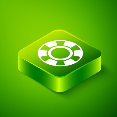 Isometric Kumarhane çipleri simgesi yeşil arka planda izole edildi. Kumarhane kumarı. Yeşil kare düğmesi. Vektör