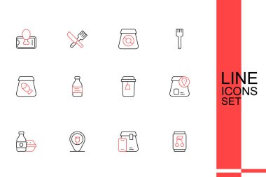 Soda kutusu, yemek siparişi, kafe ve restoran konumu, bir fincan çay, şişe su ve balık ikonu. Vektör
