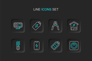 Hat düğmesi, akü şarjı, cep telefonu, LED ampul, Akıllı ev, pense aracı ve elektrik çıkış simgesi ayarla. Vektör