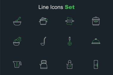 Buzdolabı, mutfak önlüğü, saplı kettle ölçü kabı, kaplanmış yemek tepsisi, sppatula, kepçe ve kase ikonu. Vektör