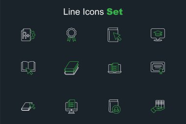 Satır Kitap bağışı, Ses Kitabı, Online quiz, test, anket, Sertifika şablonu ve simge ayarla. Vektör