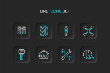 Hat çizgisi yarış kaskı, İngiliz anahtarı, hız göstergesi, uzaktan kumandalı araba anahtarı, İngiliz anahtarı, şok emici, tekerlek ve trafik lambası ikonu. Vektör