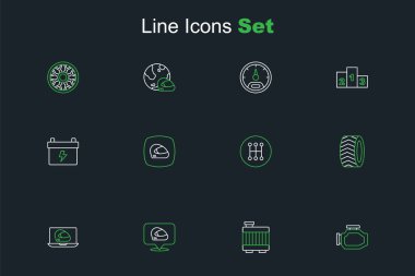 Hattı kontrol et, radyatör soğutma sistemi yarış kaskı, tekerlek, vites kolu ve akü ikonu. Vektör