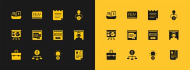 Set Business Yatırımcısı, Dolar, Monitor, Ampul, Reklamcılık, Not Defteri, Kargo gemisi teslimatı ve Buy düğmesi simgesi ile hiyerarşi. Vektör