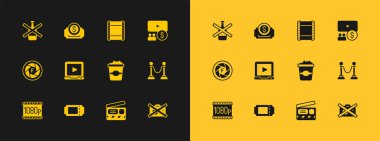 Sinema salonunu ekran, bilet, patlamış mısır, karton kutu, film alkışları, çevrimiçi oyun videosu, Play, alkolsüz ve ikonsuz ayarla. Vektör