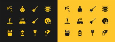 Bulaşık deterjanı, antibakteriyel sabun, süpürge, tuvalet fırçası, temizlik fırçası, faraş, su musluğu ve çöp poşeti ikonu. Vektör