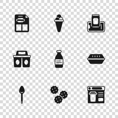 Kurabiye ya da bisküvi, beslenme çantası, çevrimiçi yemek siparişi, bir şişe su, cep telefonunda yiyecek, restoran kafe menüsü, dondurmalı waffle ve kahve fincanı hazırla. Vektör