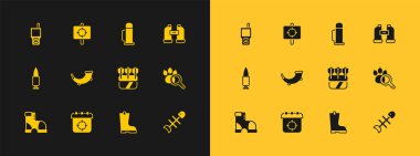 Dürbünü, hedef sporunu, oklu Quiver 'ı, su geçirmez lastik botu, av boynuzunu, termos konteynırını, telsizi ve ikonu ayarla. Vektör