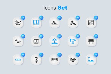 Swing arabası, Cazibe Atlıkarınca, Çocuk oyun alanı kaydırak borusu, Eğitim Mantık Oyunu, Bumper, Bench, At eyeri salıncak ve kum ikonlu Sandbox. Vektör