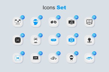 Sanal gerçeklik gözlükleri, Artırılmış AR, 360 derecelik görüş, 3D modelleme ve simge ayarla. Vektör