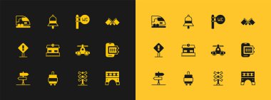 Bayrak, bavul, el arabası taşımacılığı, demiryolu geçidi, tren istasyonu, tuvalet, yüksek hızlı tren ve tren ikonu ayarlayın. Vektör