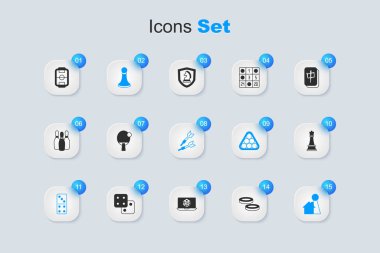 Checker oyun çipleri, raket, satranç piyonu, Domino, tahta için çip, masa futbolu ve dart ok ikonu. Vektör