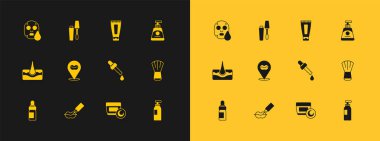 Krem veya losyon kozmetik tüpü, dudak büyütme, yağlı Pipette, gülen dudaklar, yüz maskesi ve Mascara fırçası ikonu. Vektör