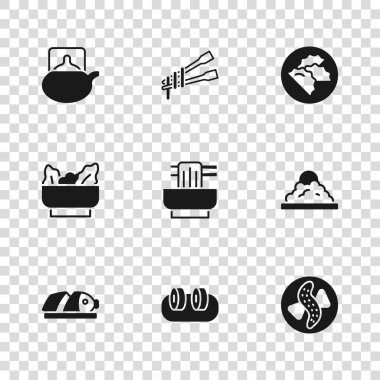 Suşi, kase içinde pirinç, tabakta salatalık, Asya eriştesi, hamur tatlısı, geleneksel çay seremonisi, yemek çubukları ve Wonton ikonu. Vektör