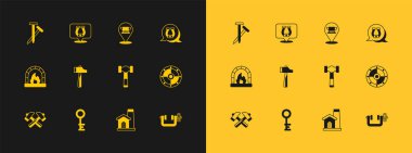 At nalı, eski anahtar, çekiç, Smithy atölye çalışması iç mekan, demirci örs aleti, metal çivi ve ikon. Vektör