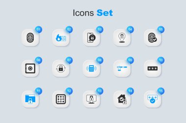 House 'u koruma altına alın, Kilit, Güvenlik Duvarı, Güvenlik Duvarı, Dizin ve Kilit, Parola, Parmak izi ve Güvenlik tuş takımı erişim simgesi. Vektör