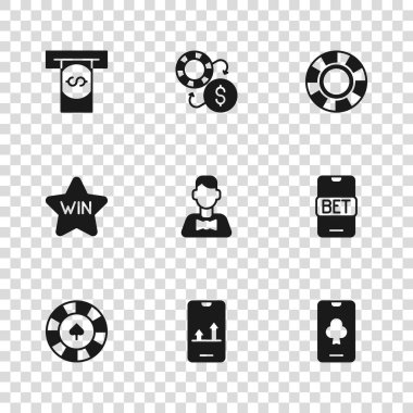 Online spor bahisleri, poker masası oyunları, kumarhane bayii, çipler, otomatik veznedar makinesi ve para, takas ve kazanma ikonu. Vektör