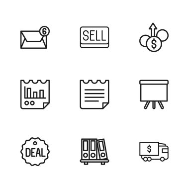 Satır ofis klasörleri, Chalkboard, Zırhlı Araç, Defter, Mali Büyüme Doları, Posta ve e-posta, Grafik Çizelgesi simgesi içeren Satış düğmesi ve Belgesi. Vektör