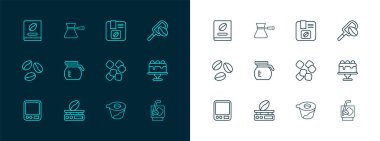 Spatula 'yı kahve tanecikli, elektronik terazili, küp şekerli kahve makineli kahve makineli, kahve makineli, poşet fasulyeli, kitap ve Türk ikonlu ayarla. Vektör