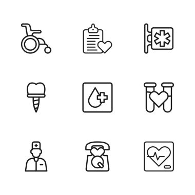 Acil hattı ara, 911 'i ara, kan testi, kalp atışı, kan testi, Yaşam Yıldızı, engelliler için tekerlekli sandalye, hasta kayıtları ve diş implantı ikonu. Vektör