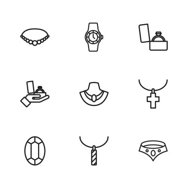 Kolyede kolye, Hıristiyan çapraz zinciri, kolye, manken, elmas nişan yüzüğü kutusu, inci, bilek saati ve ikon. Vektör