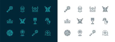 Kılıçlı Kalkan, Haçlı Seferi, Ortaçağ kadehi, Mace dikenleri, Kafatası, boynuzlu kasklı Viking ve ikon. Vektör