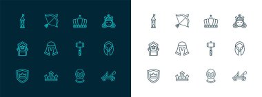 Prenses ya da kraliçe, kral tacı, çekiç, ortaçağ miğferi, kale kulesi, yay ve ok ikonu. Vektör