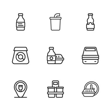 Hazır kahve fincanı, beslenme çantası, saat başı teslimat, çevrimiçi yemek siparişi, sos şişesi, şişe su, kağıt bardak ve ikon. Vektör