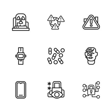 Siber güvenliği ayarla, gözlüklü akıllı gözlükler, tıbbi hap biyohackleme, ünlem işareti üçgeni, radyoaktif uyarı lambası ünlemli dünya ve bilek saati ikonu. Vektör