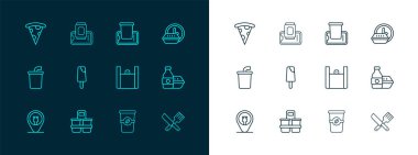 Saat başı sıra teslimatı, paket kahve fincanı, internetten yemek siparişi, dondurma, cep telefonunda yiyecek, pizza ve ikon. Vektör