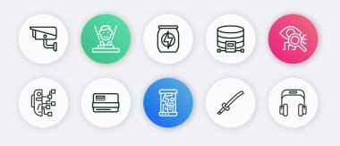 Hat kriyojenik kapsüller, göz taraması, İnsansı robot, Katana, Bulut veritabanı, enerji içeceği, kulaklık ve kredi kartı simgesi ayarla. Vektör